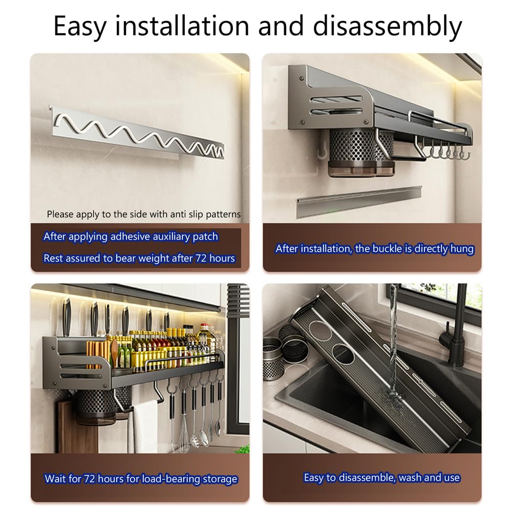 Estante para Especias de Pared - Estantes de Cocina de 70 cm para frascos y Botellas de condimentos. Elegante solución de Almacenamiento Colgante en Color Negro para una organizaci