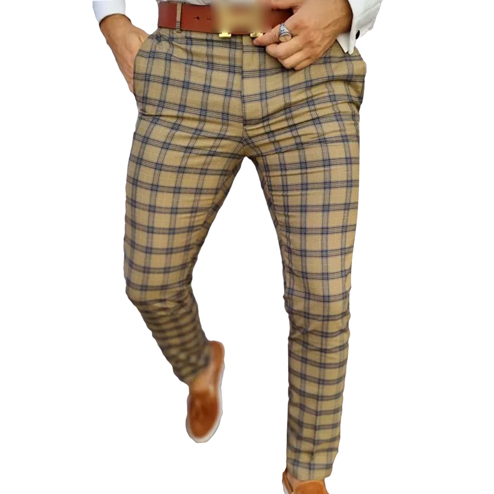 Maiyifu-GJ Mens Casual Plaid Chino Pants Skinny Fit Plaid Flat Front Dress Pants Slim Stretch Business Striped Trousers