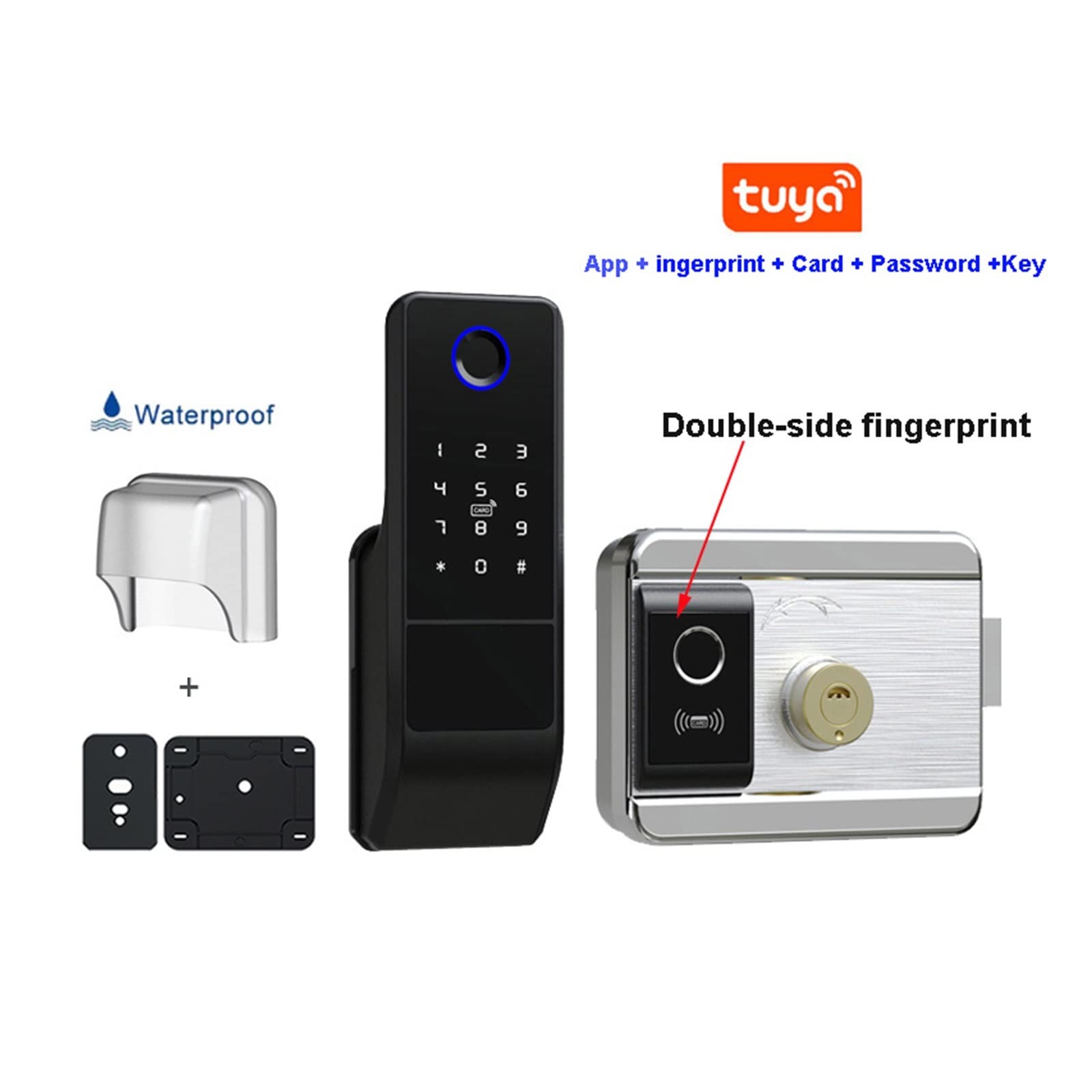 Smart lock, fingerprint lock. Waterproof Outdoor Fingerprint Smart Door Lock Bluetooth Remote Digital IC Card TTLock AppTuya Wifi Electronic Rim Lock For Home (Color : Double tuya)