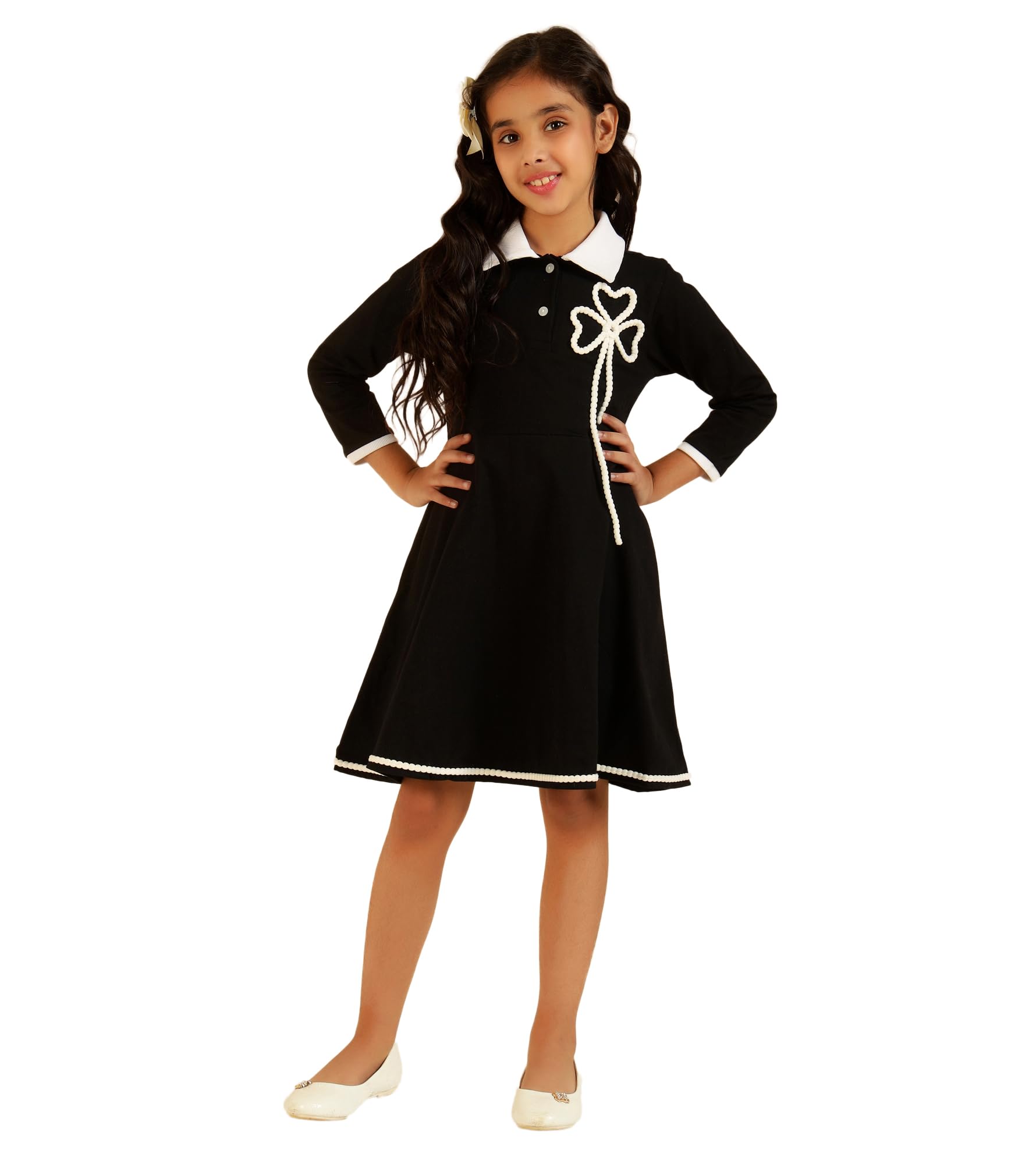 Bugandbees Girls Solid Cotton Knee Length Fit & Flare A-Line Dress|Full Sleeve|Collared Neck|Kids Clothes for Girls Dress 10-11 Years Party|One Piece|Casual Wear(BBDR00000336_10-11Y_Black)