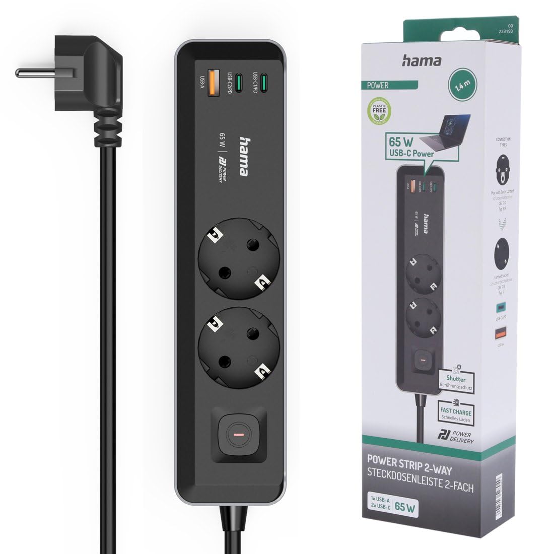 Hama Steckdosenleiste mit 2 Erdungssteckdosen + 3 USB-Ports mit Schalter (Mehrfachsteckdose, 2 x USB-C + 1 x USB-A, 65 W PD, Schnellladung, Kabel 1,4 m, 2 Schuko-Steckdosen, kompatibel mit Frankreich