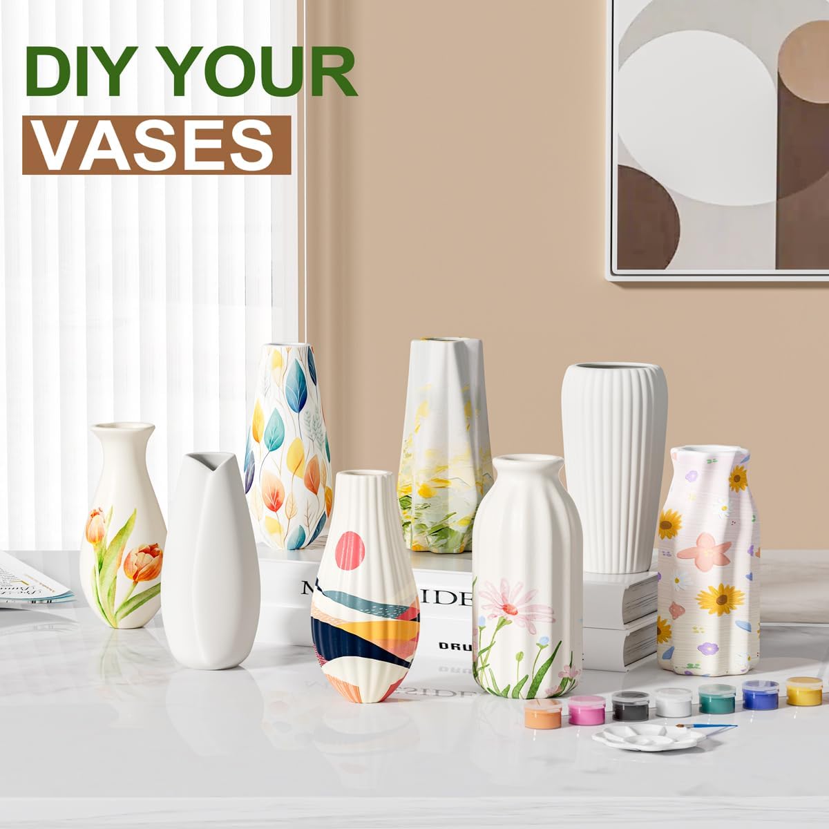 OERGKE White Ceramic Vase with Painting Kit Small vases for Flowers, Home Farmhouse Decor Modern Boho Vases for Living Room, Office, Dining Table, Bedroom, Kitchen Shelf(8packs)