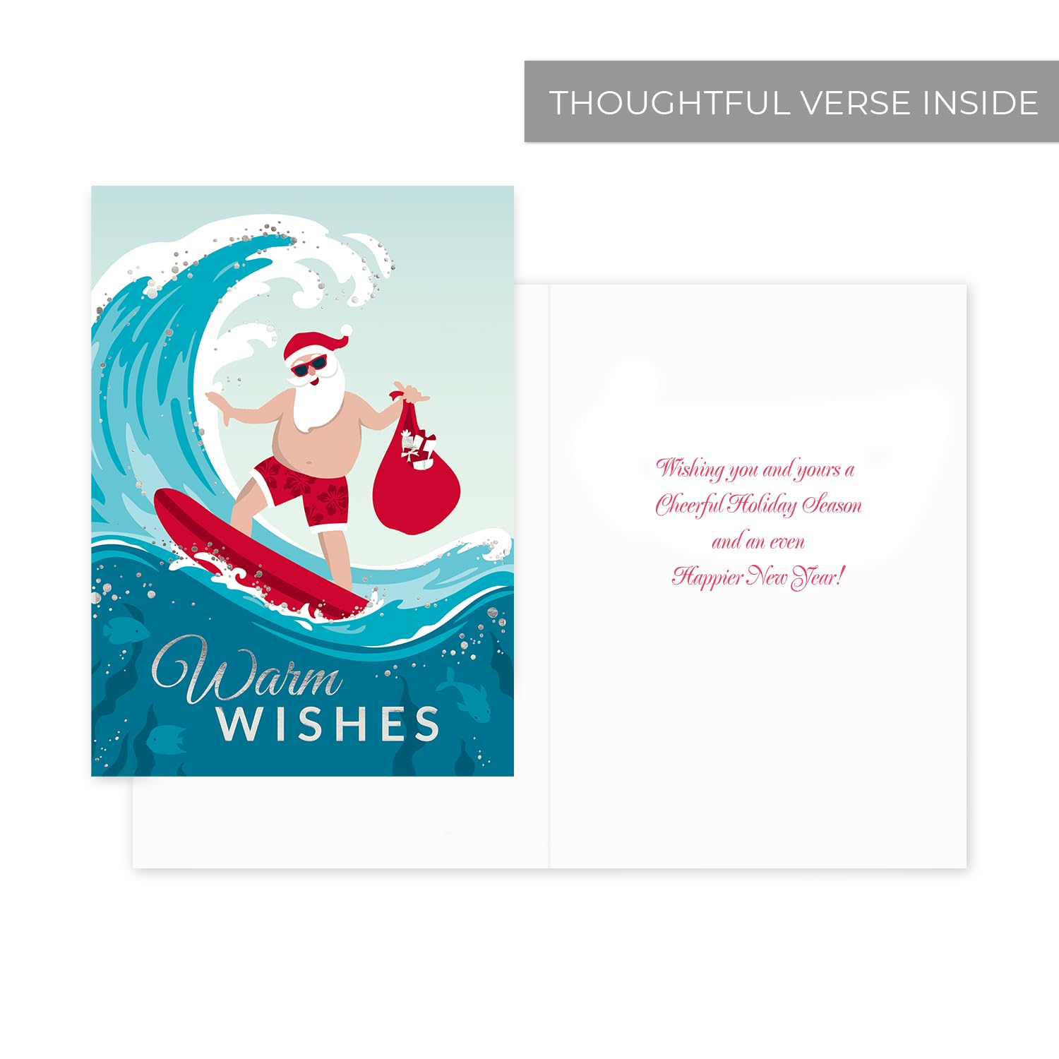 Masterpiece Surfing Santa Weihnachtskarten, 16 Boxed Beach Holiday Cards mit Silberfolien-Akzenten und passenden Umschlägen, 14 x 19 cm, gefaltete warme Wünsche Winterurlaub-Grußkarten mit Innentext