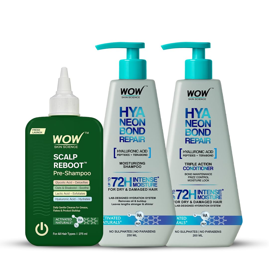 WOW Skin Science Hair Repair Lab 3-Step System | Scalp Reboot Pre-Shampoo + HyaNeon Bond Repair Shampoo + Conditioner | Glycolic Acid + Hyaluronic Acid + Peptides + Terabond™ | 72H Hydration & Bond Strength Kit | Net Vol 275ml + 250ml + 200ml = 725ml-image-33