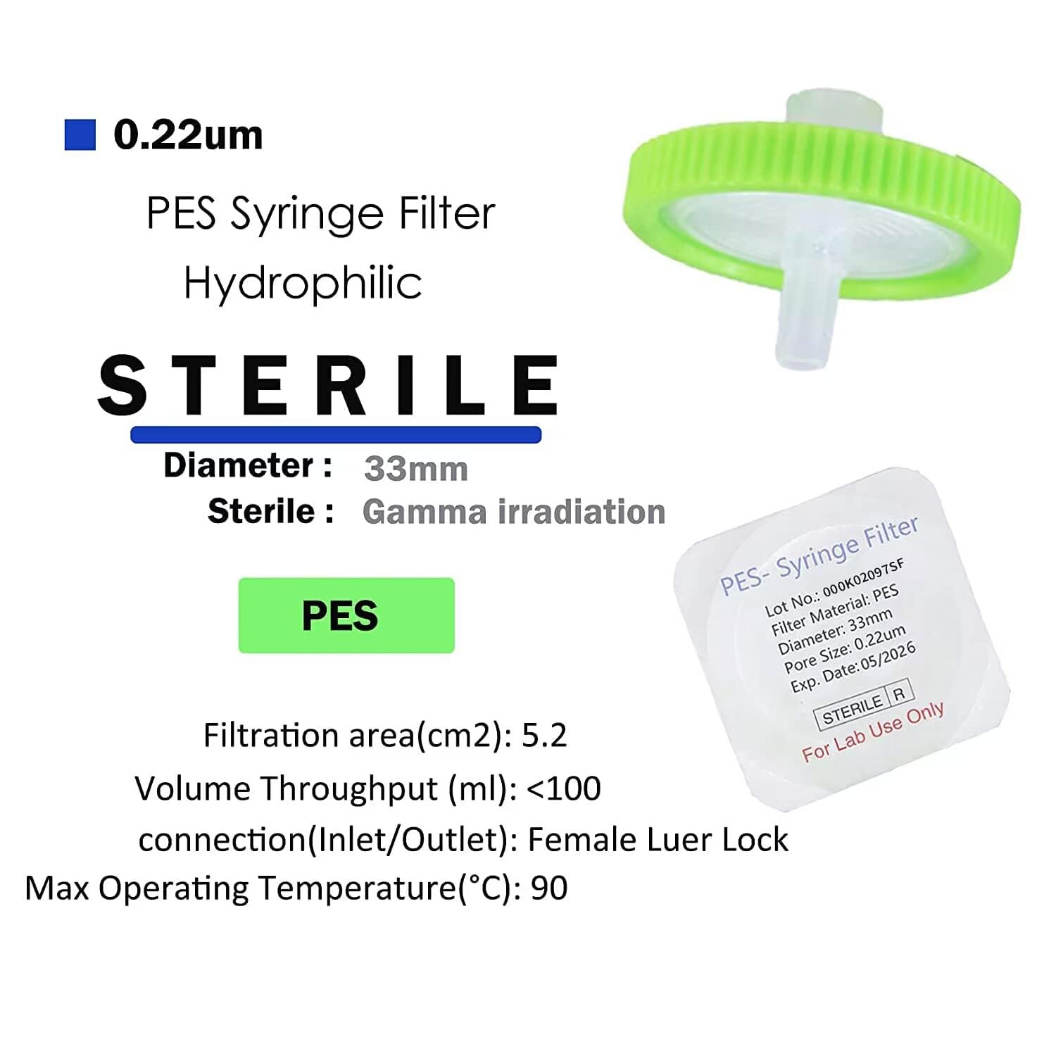 20 sztuk filtrów do strzykawki sterylne membrany PES o średnicy 33 mm i porach 0,22 um, filtry igłowe do HPLC i GC, filtracja laboratoryjna o wysokiej wydajności