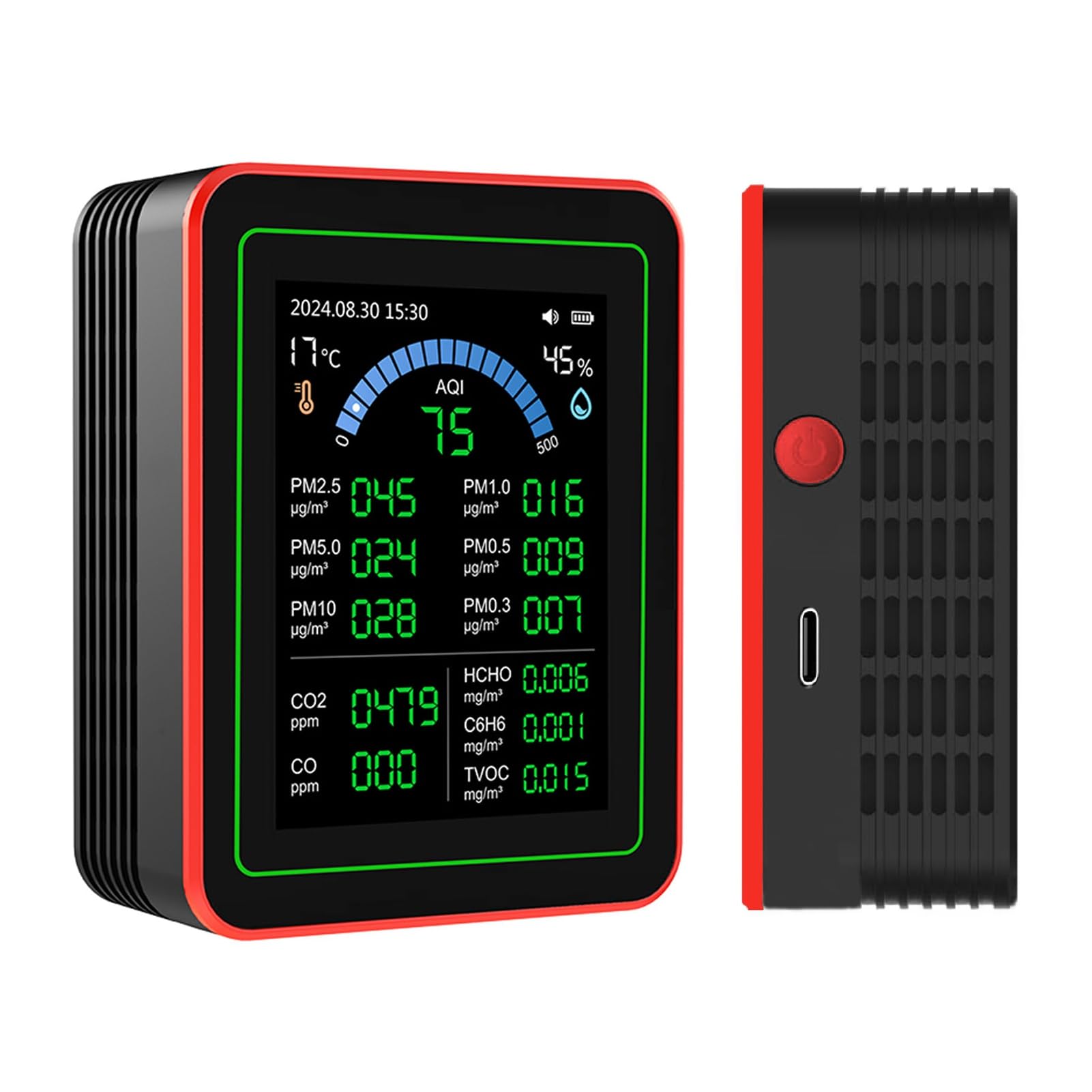 Cocoarm Medidor de Calidad del Aire Monitor Portátil de Calidad del Aire Interior con Sensores Infrarrojos y Semiconductores 18 en 1 CO2 PM2.5 TVOC HCHO Temperatura Humedad para el Hogar Coche Hotel