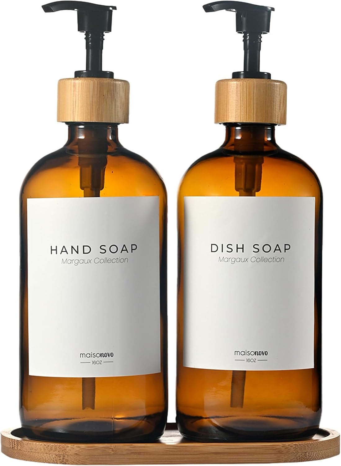 MaisoNovo Dispenser sapone bagno Set da 3 pezzi - Dispenser sapone mani 500ml - Bottiglie Ambra da bambù - pompa in acciaio inossidabile e vassoio in bambù