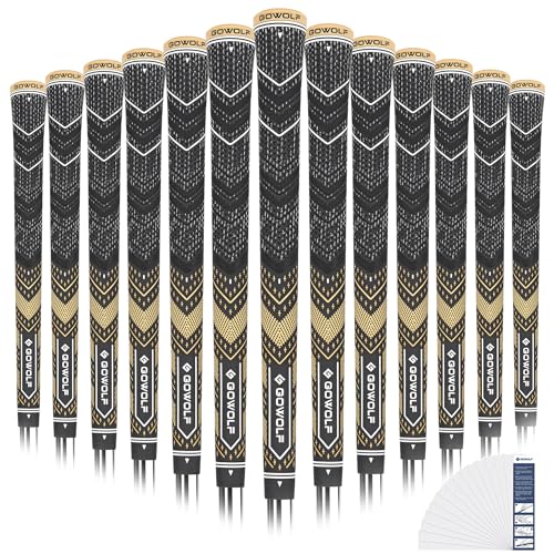 Gowolf Golf Grips Cord Rubber Multi-compound Golf Driver Irons Club 13pcs Golf Grips Colored Top Cover SL02 Pro with Free 15 Tapes (Black/Gold,Midsize)