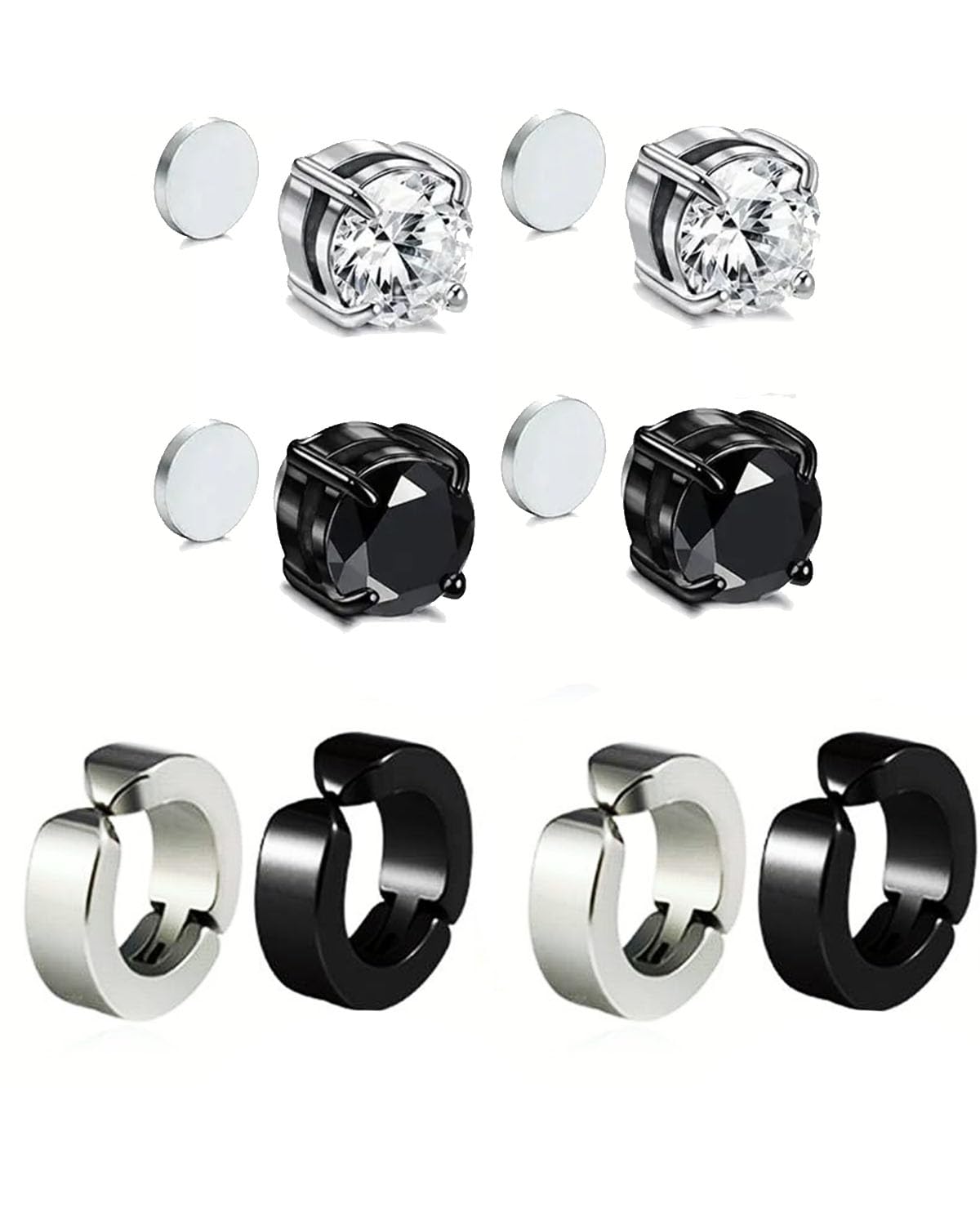 6PCS Magnetic Earrings for Men, Non-Piercing Clip-On Earrings Set, Stylish Silver and Black Stud Earrings for Party, Date, Gift, Fashion Jewelry for Women and Men-image-6