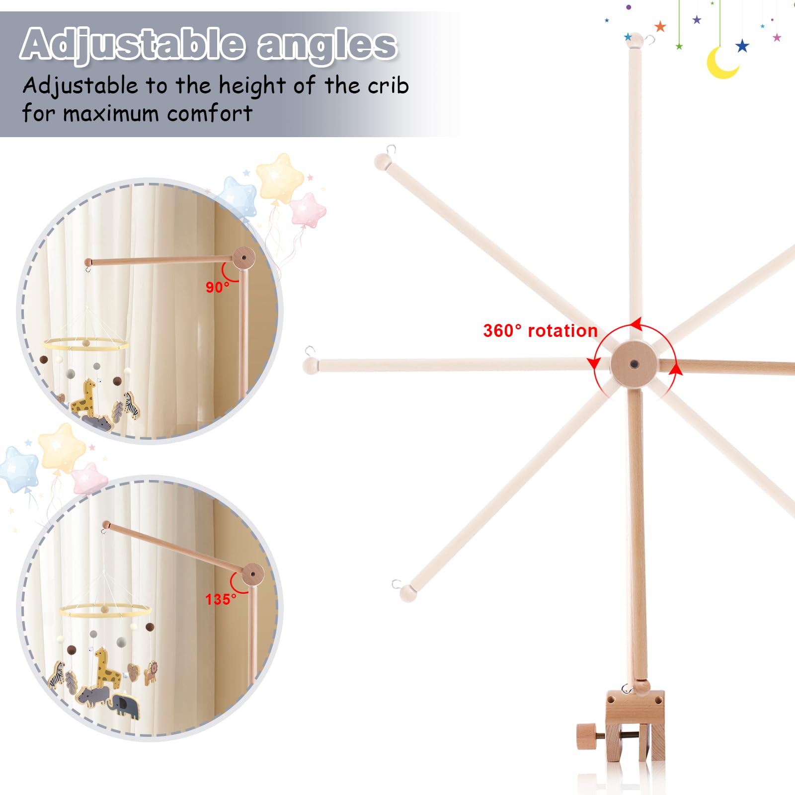 Support Mobile Bébé En Bois - Potence Bras Pour Berceau Lit - Suspension Boîte Musique Carillons
