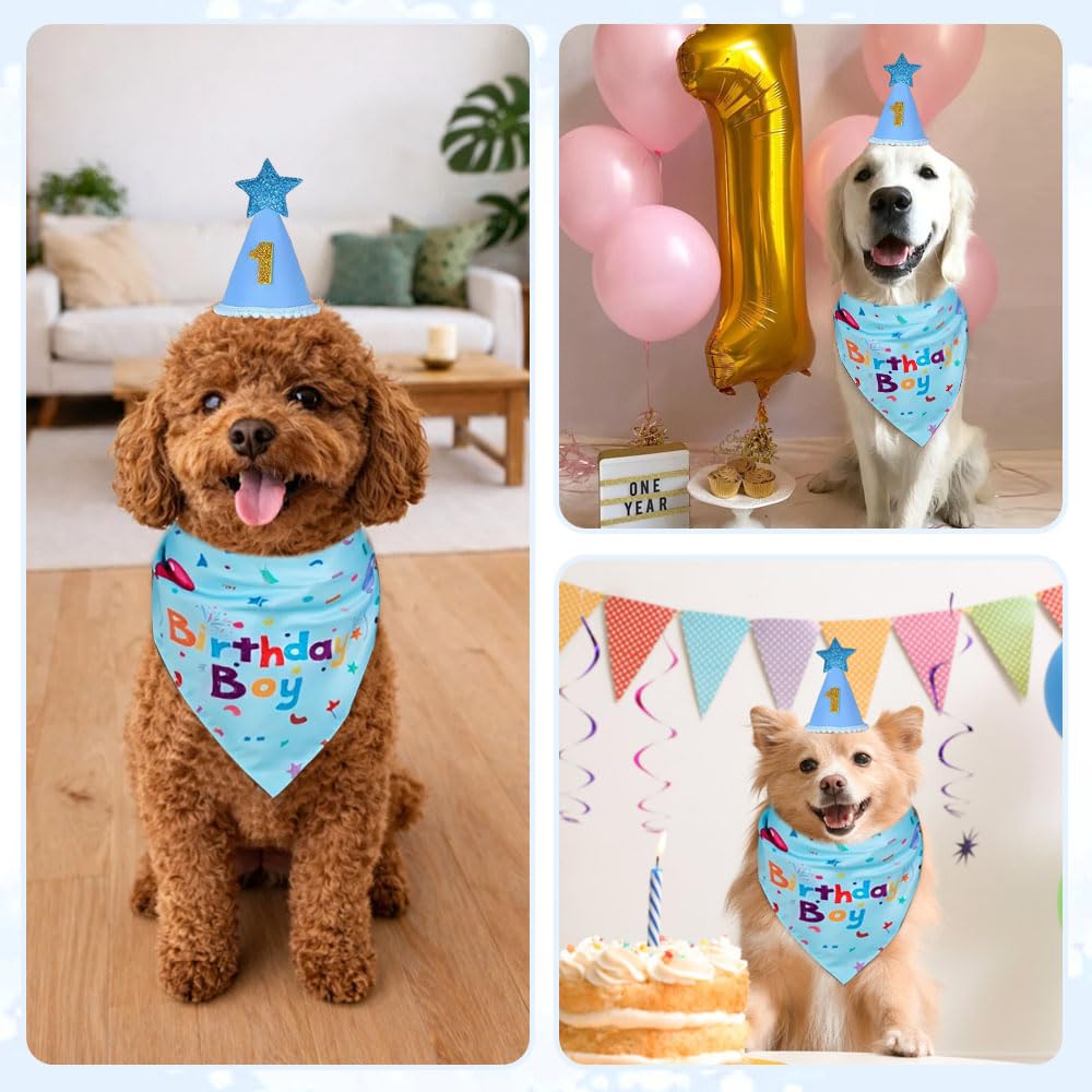 3 PCS Set Compleanno Cane,Bandana Cane Compleanno con Cappello, Numeri,HMCEY Cappellini da Festa per Animali Domestici,Accessori Decorazioni Compleanni Regalo per Cani Maschi, Femmine - Blu