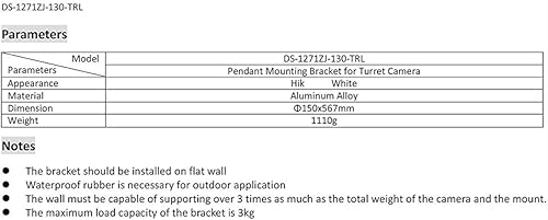 Miniatura 6 de DS-1271ZJ-130-TRL CPM PC130T Soporte de montaje colgante para cámara de cúpula de torreta Hikvision DS-2CD2342WD-I