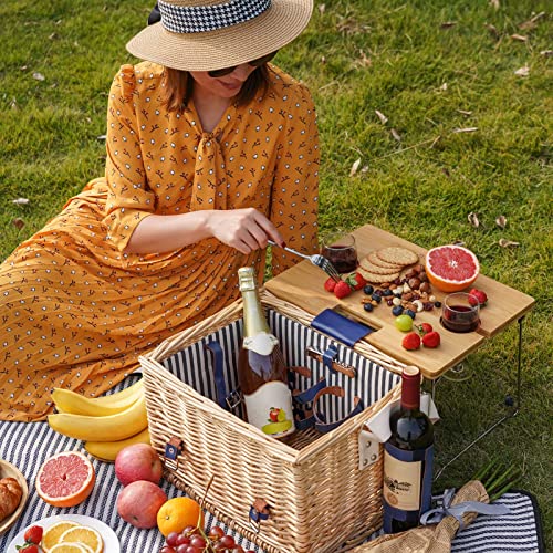 Wicker Picnic Basket For 2 Persons Picnic Kit, Willow Hamper Service Gift Set With Bamboo Wine Table For Camping And Outdoor Party #TOP2