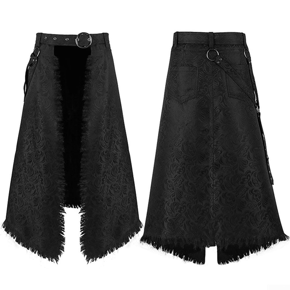 Jacquard Steampunk - Media falda escocesa medieval gótica para hombre, falda escocesa con frente abierto (XL, negro)