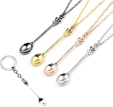 4 Pieces Spoon Necklace with 1 Piece Keychain Small Spoon Charm Hidden Spoon Charm Tea Spoon Necklace Set for Dance Party (Gold, Silver, Rose Gold, Black), Metal