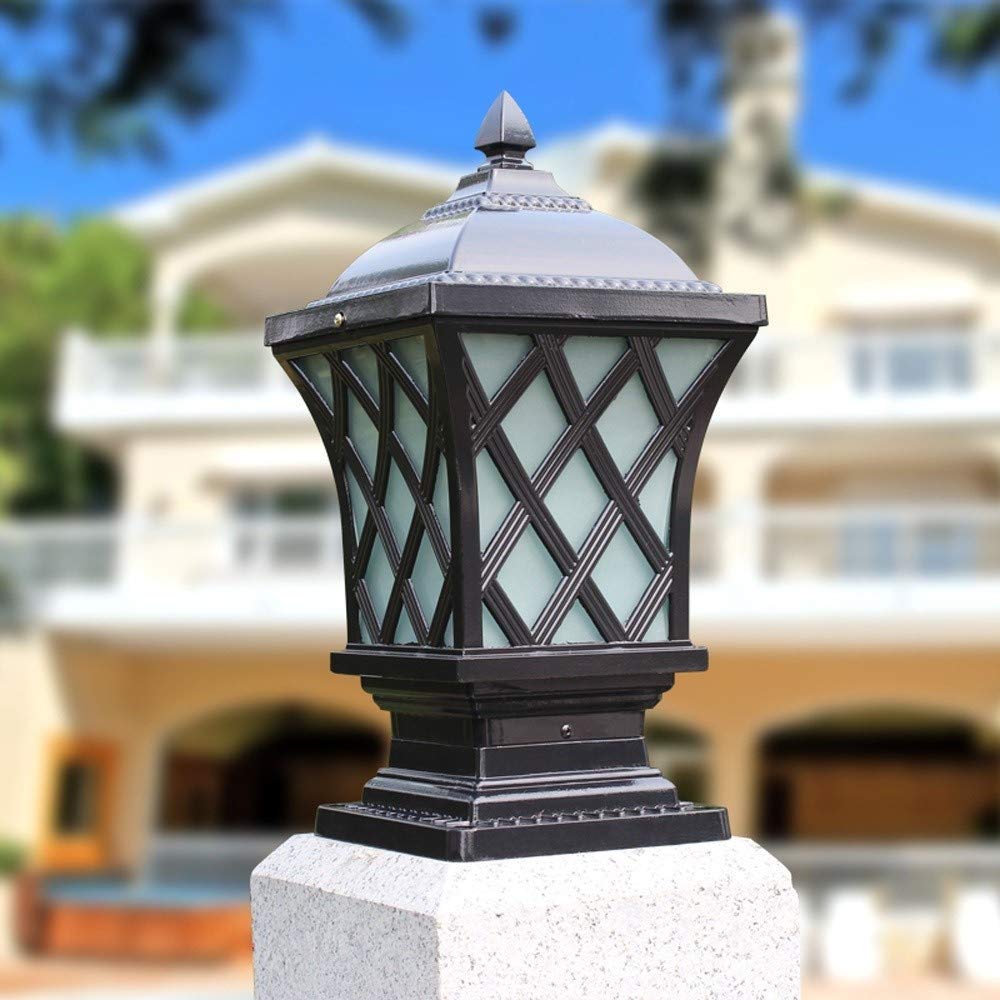 Street Lights Garden Post Light Watertight Vintage Landscape Column Lamp Glass Lantern Rustproof Aluminum Outdoor Pillar Patio Courtyard Fence Lighting (Black H 44CM)
