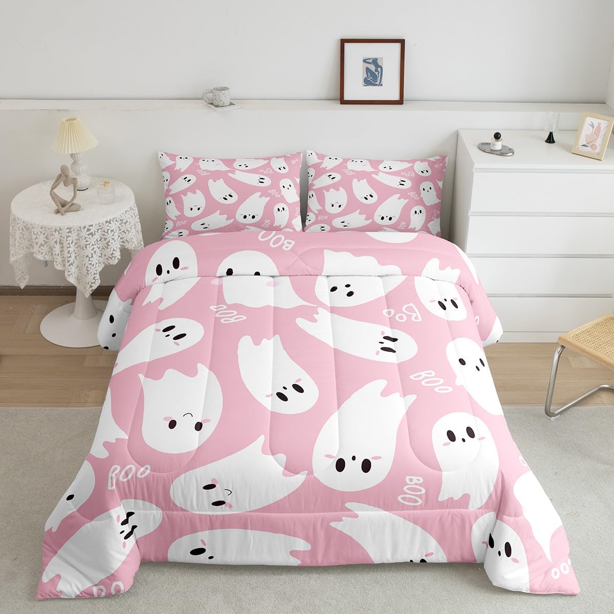Castle Fairy Happy Halloween Kids Comforter Set Queen Size,Cartoon Ghost Pink White Bedding Set for Men Women Adults Bedroom Decor, Watercolor Print Ultra Soft Quilt with 2 Pillowcases