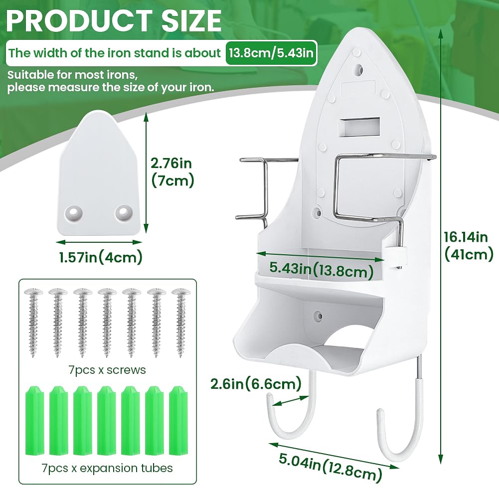 Iron Board Hanger Wall Mount Electric Iron Holder Ironing Board Holder Wall Mount Room Storage Iron and Ironing Board Storage Organizer Shelf with Removable Hooks