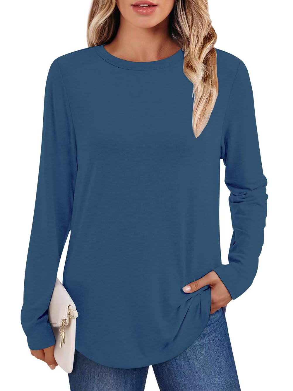 AirMood Maglietta casual da donna a maniche lunghe, tinta unita, girocollo, vestibilità ampia