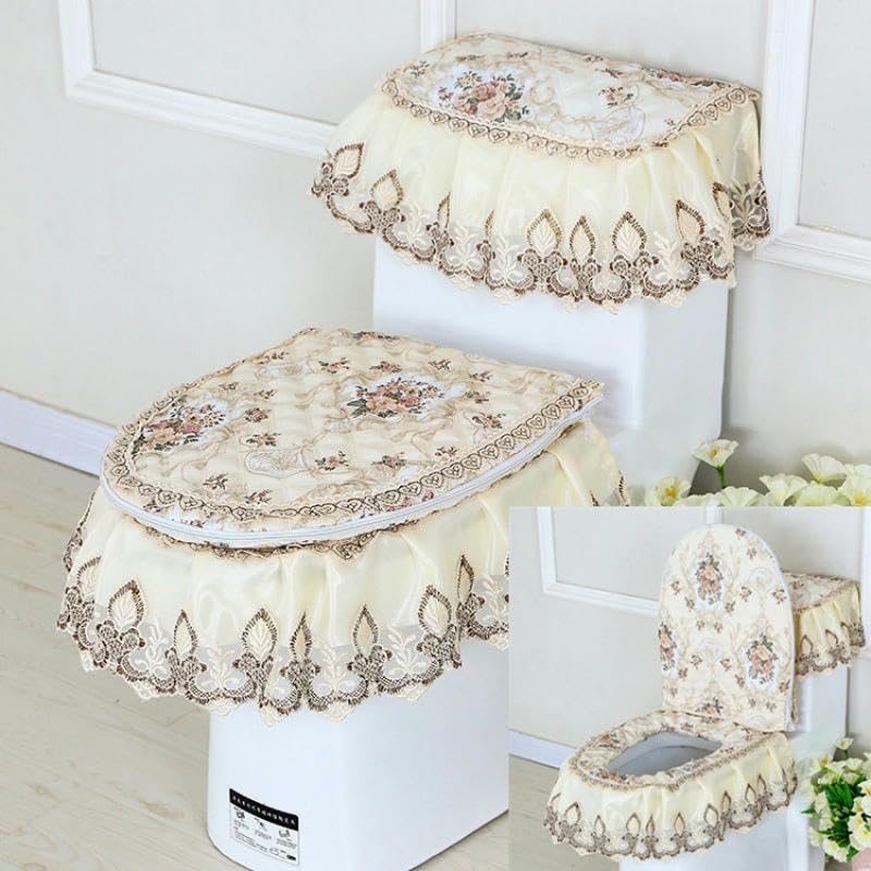 YOFAB 3-teiliges WC-Deckelbezug-Set mit Tasche, blaue Blätter, Spitze, Blumen, Toilettendeckel und Tankabdeckungen, Toilettensitzbezug