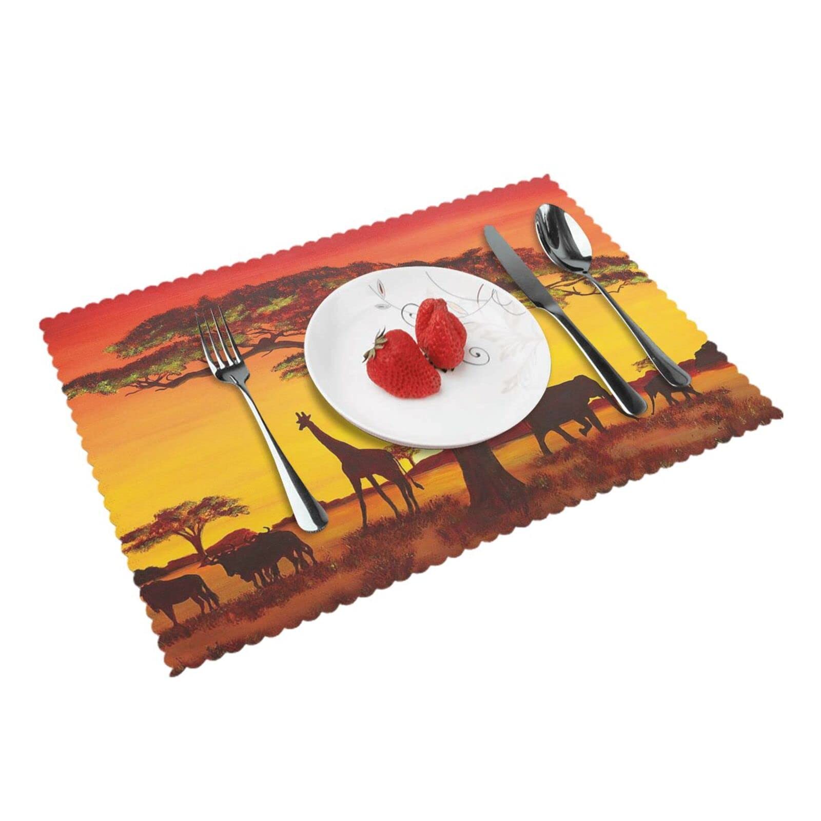 Monikar African Animal Sunset Placemats For Dining Table Set Of 4 : Easy To Clean ,Heat Resistant Waterproof Wipeable ,18X12 Inch