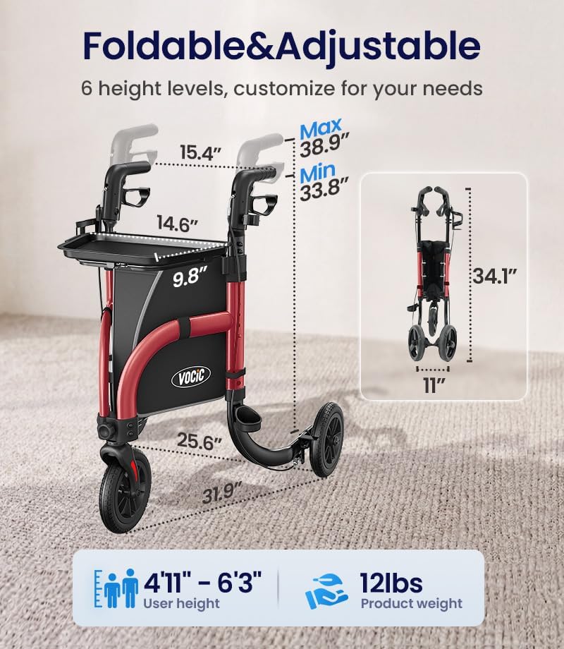 Diagram showing adjustable handle heights (33.8 to 38.9 inches) and overall dimensions of the VOCIC Z25 Pro rollator, suitable for users 4'11 to 6'3