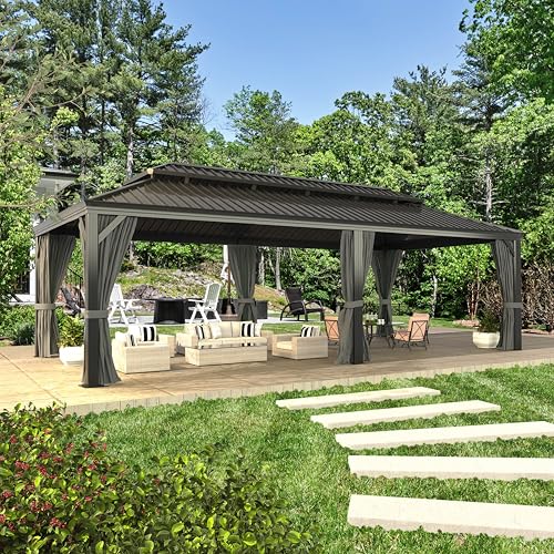 Yardenaler 14x24 FT Hardtop Gazebo Canopy with Double Galvanized Steel Roof, Permanent Outdoor Pavilion with Curtain & Mesh Netting for Patio. Garden, Backyard, Black