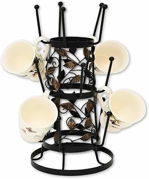 Coffee Mug Tree Stand, Kitchen Counter Organizer, Modern Leaf Design 3-Tier Stylish and Functional Mugs Display Rack Hanger, Sturdy Metal Cup Holder, Black