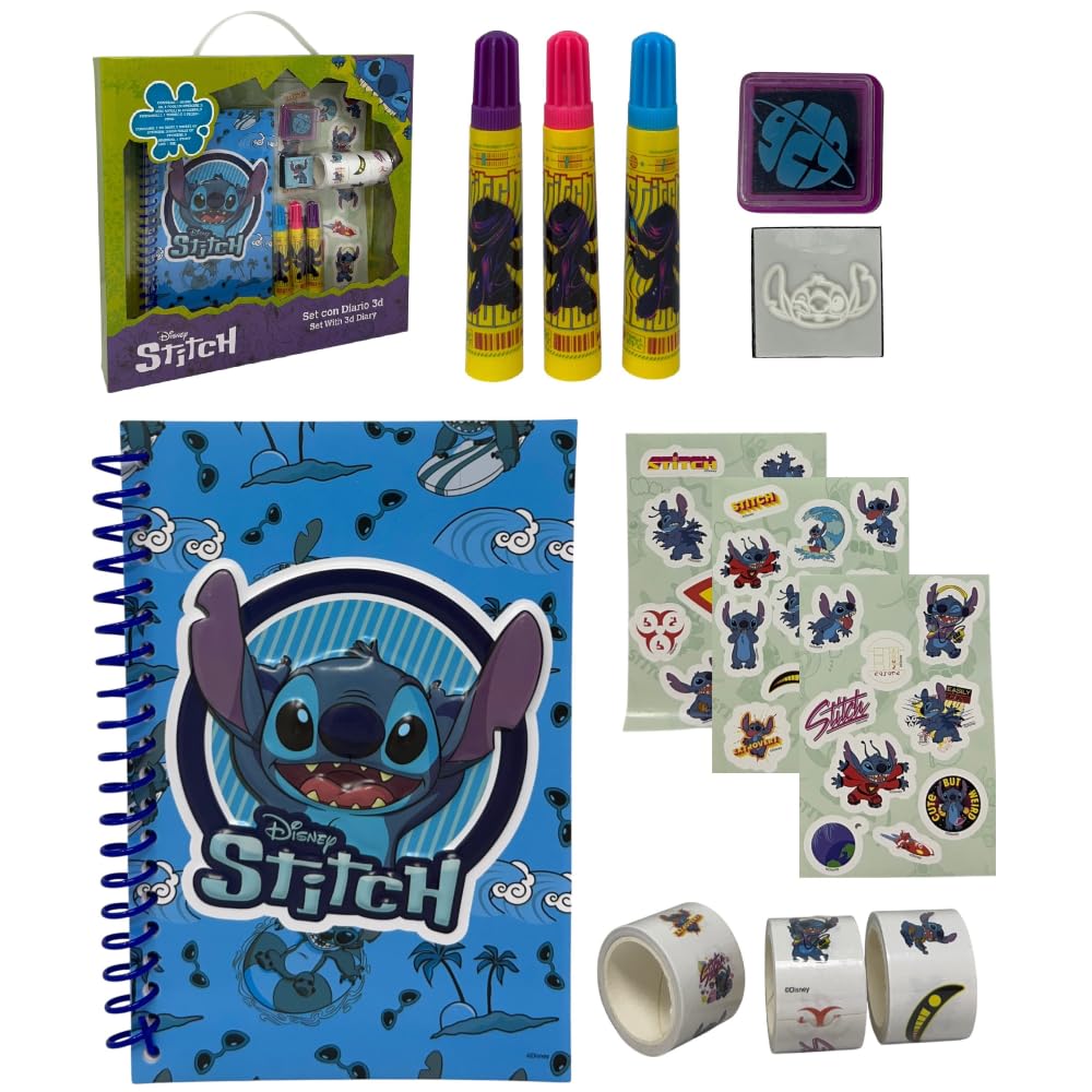 CARTOON Disney Stitch Accessories Diary for Kids 12 Pieces Stationery Diary Colours Stickers Stamp