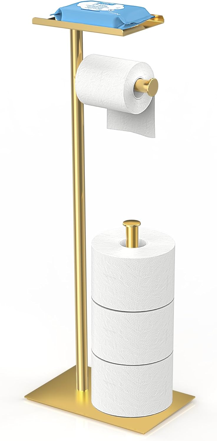 CISILY Golden Toilet Paper Holder Stand with Phone Shelf, Bathroom Toliet Decor Decoration Tissue Paper Roll Holder Free Standing Storage, Rv Accessories, Apartment Restroom Household Home Essentials Gold Long