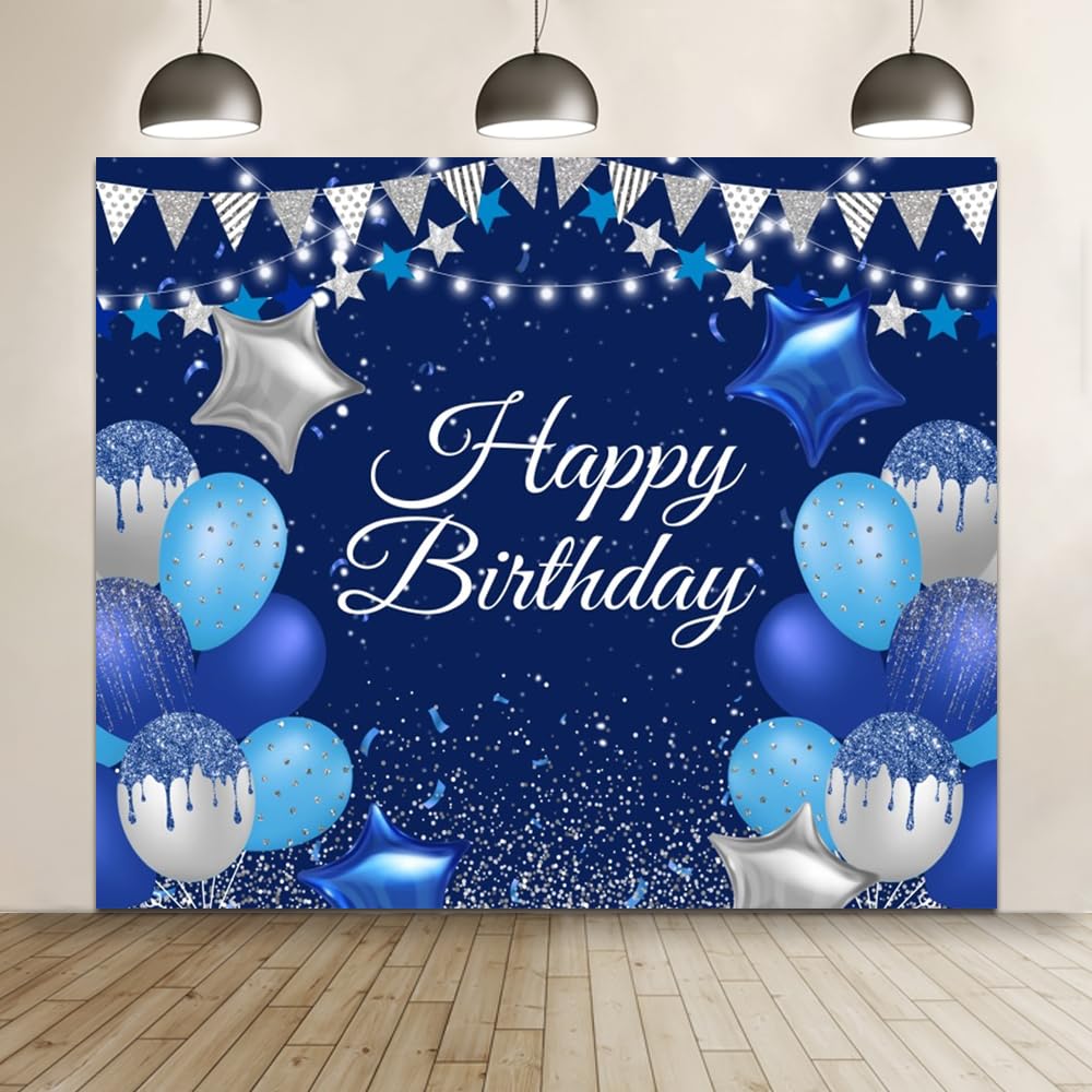 Telón de fondo de vinilo con purpurina de 3 x 2,4 m, color azul real, para fotos de cumpleaños, globo azul, estrella, globo, sesión de fotos, banderines plateados, fondo de fotografía, decoración de