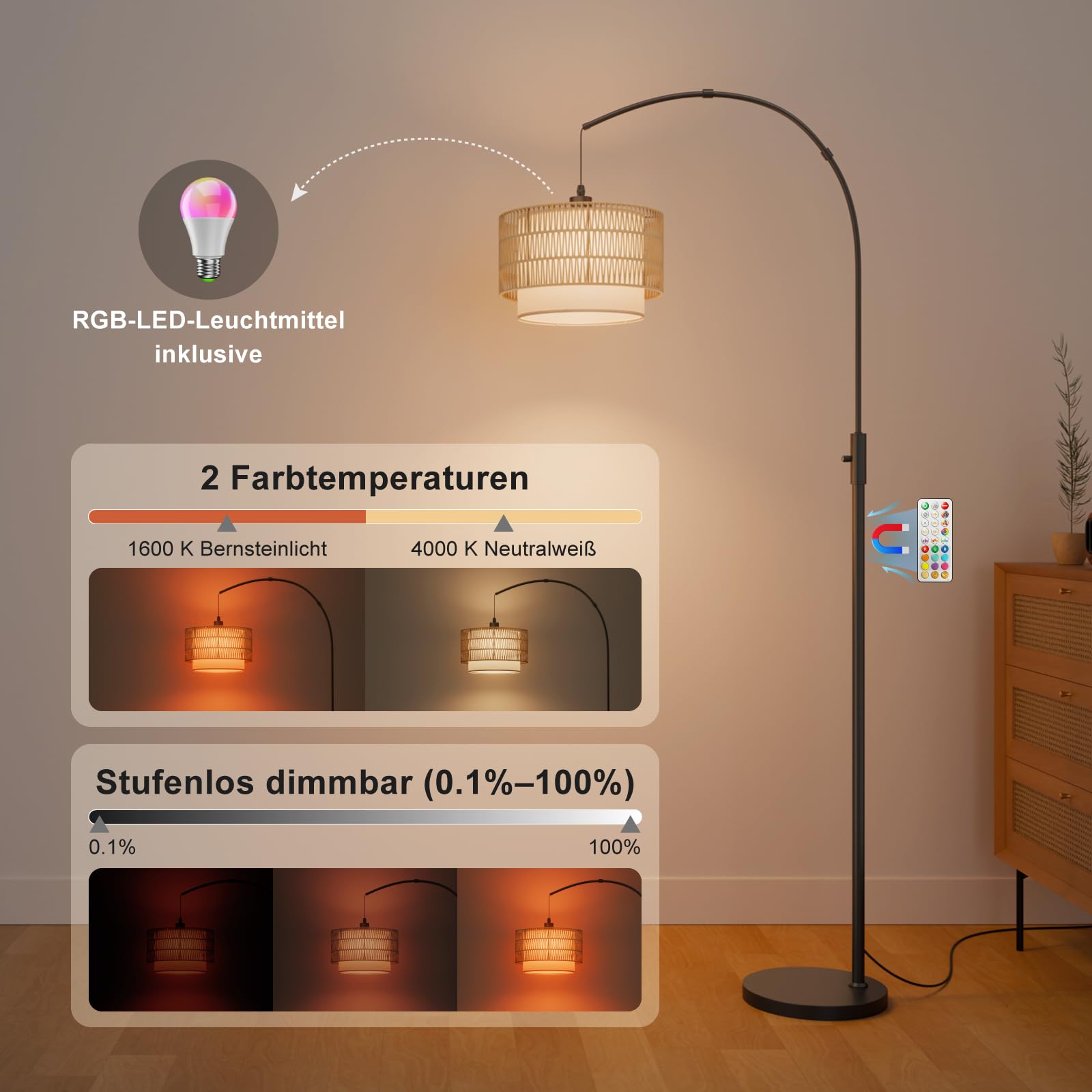 Boho-Bogen Stehlampe RGB, 1600 K Bernsteinlicht/4000K Neutralweiß | 180 cm, 3-in-1-Schirm in Rattan- und Leinenoptik, 10 W 1200 lm, 0,1–100 % dimmbar, Timer, magnetische Fernbedienung