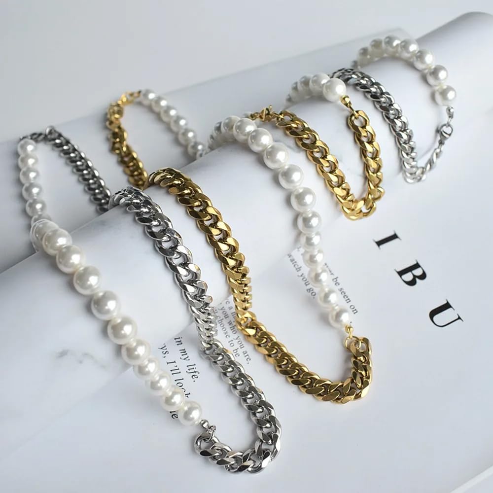 Sterlingsilber, natürlich, für Damen und Herren, Vintage-Armband – Punk-Schmucksets, Perlen-Halbketten-Halskette mit Initiale