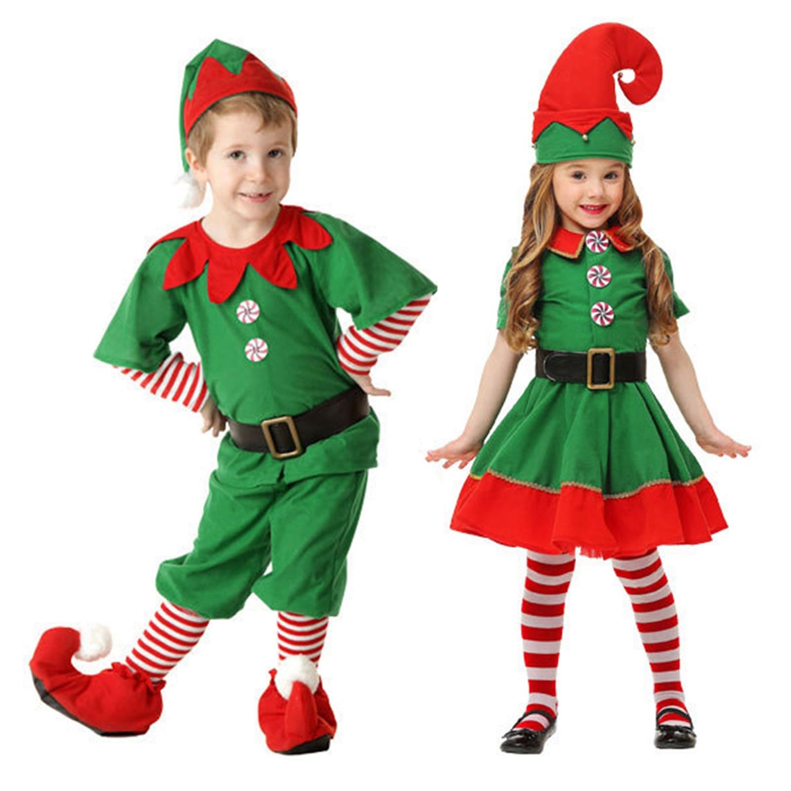 Girls Kids Elf Santa's Little Helper Christmas Fancy Dress Party Costume Roleplay Christmas Costume 4PC Holiday Outfits Funny Fancy Elves Costumes for Kids Dress+Pants+Hat+Belt