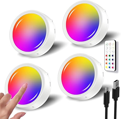 RGB Rechargeable Puck Lights with Remote, Colored 1600mAh Battery Operated Tap Lights Stick On LED Under Cabinet Light USB Magnetic Classroom Push