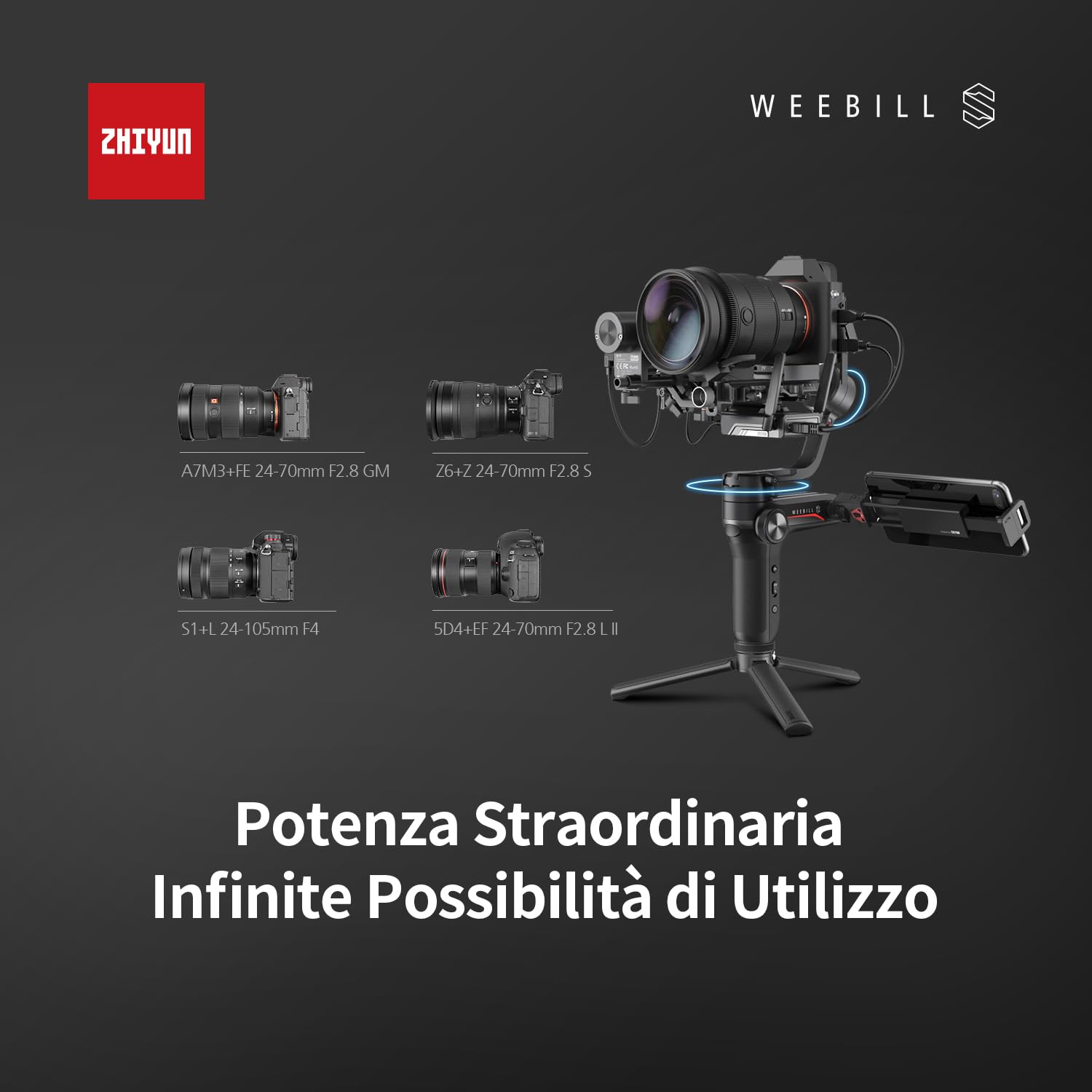 ZHIYUN Weebill S - Stabilizzatore per fotocamera, 3 assi Gimbal per fotocamera DSLR e mirrorless, design leggero, stabilità dinamica, disponibile per Canon/Sony/Panasonic/Nikon/Fujifilm