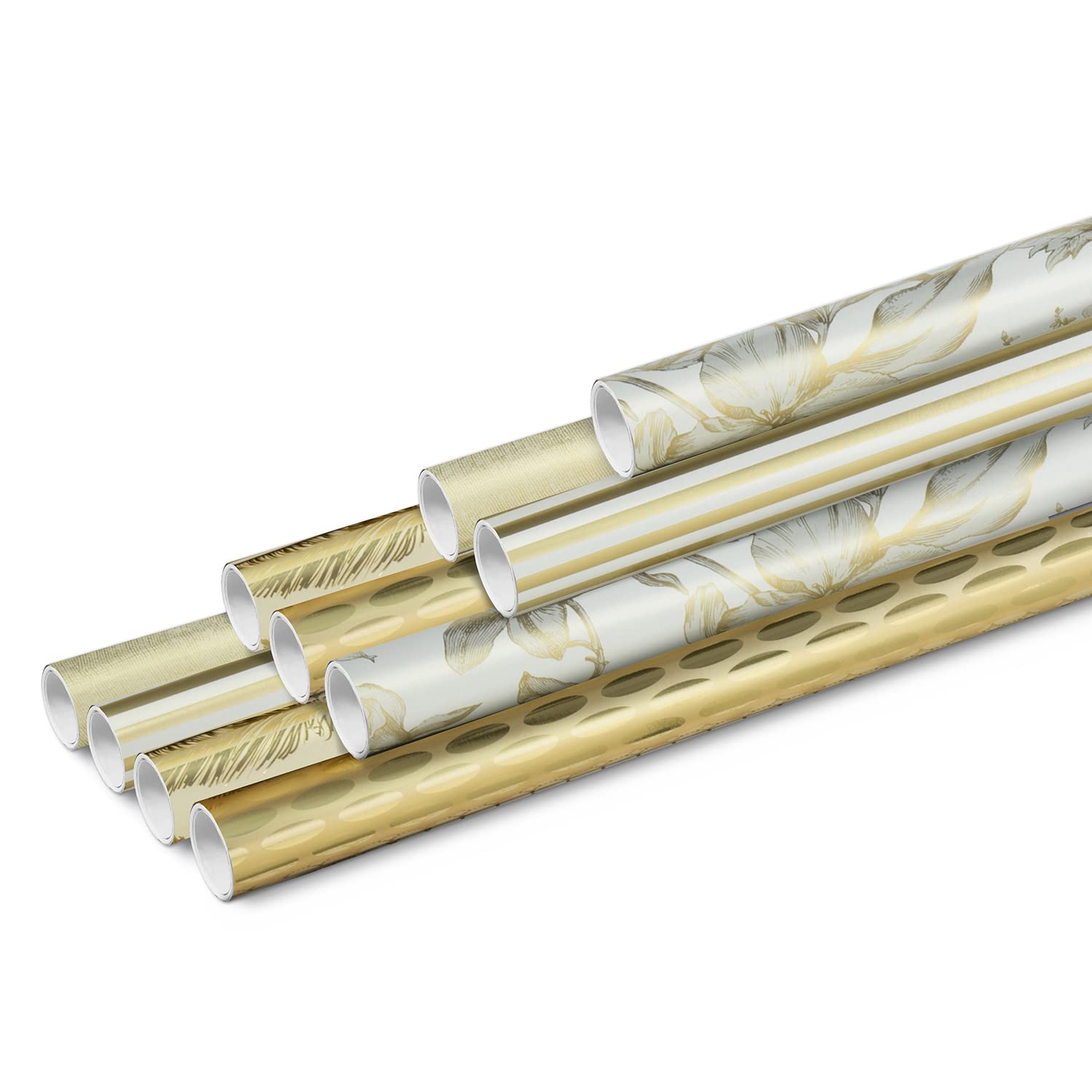 Clairefontaine 211846AMZC - Un Carton De 10 Rouleaux De Papier Cadeau - Papier Premium 80g - Dimensions : 2x0,70m - Motif : Or, Brillant, Géométrique, Plumes, Fleurs - Emballage Cadeau