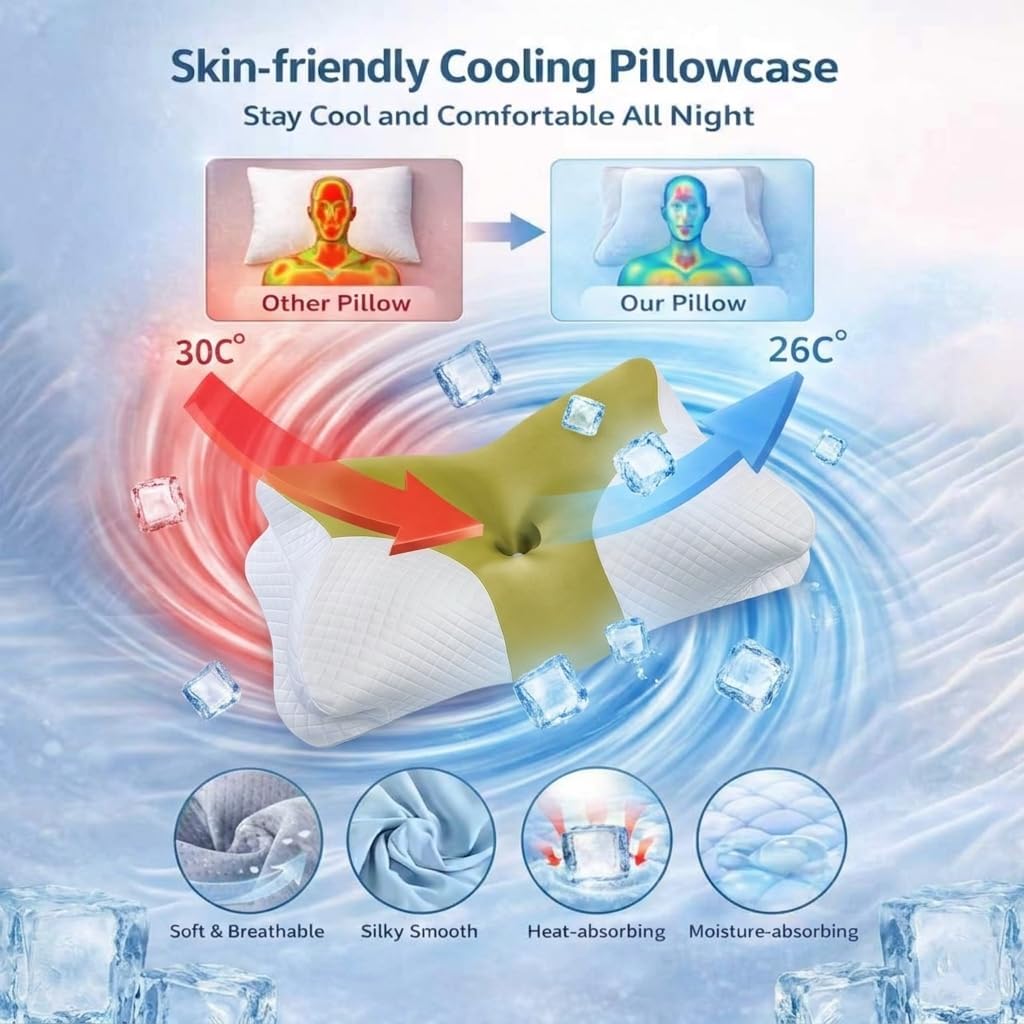 Cervical Neck Pillow for Pain Relief - Ergonomic Cooling Neck Support Pillow,Orthopedic Contour Memory Foam Side Sleeper Pillows with Breathable Ice Silk Pillowcase for Side Back Stomach Sleeper