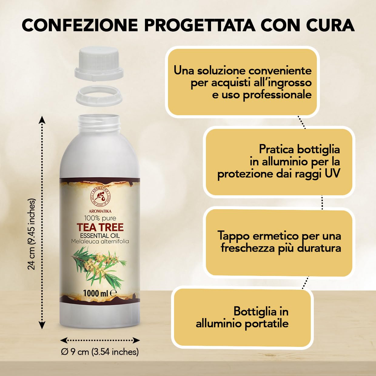 Olio Essenziale Dell'albero Del Tè 1000 ml - Melaleuca Alternifolia - Naturale e Puro - Olio essenziali per Diffusori - Profumi per la Casa - Saponi e Candele - Sauna - Aroma Fresco - Aromaterapia