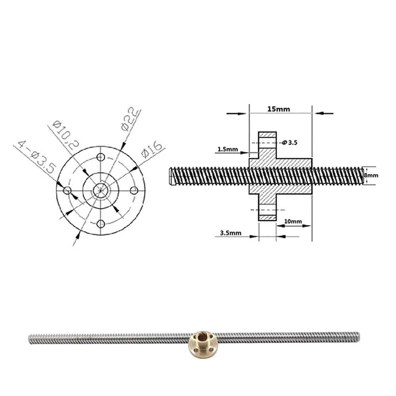 Metal Ball Screw nut end Processing T8 Lead Screw Thread 8mm Pitch 1mm Lead 1mm 100mm-550mm with Brass Nut Trapezoidal Rod(550mm)