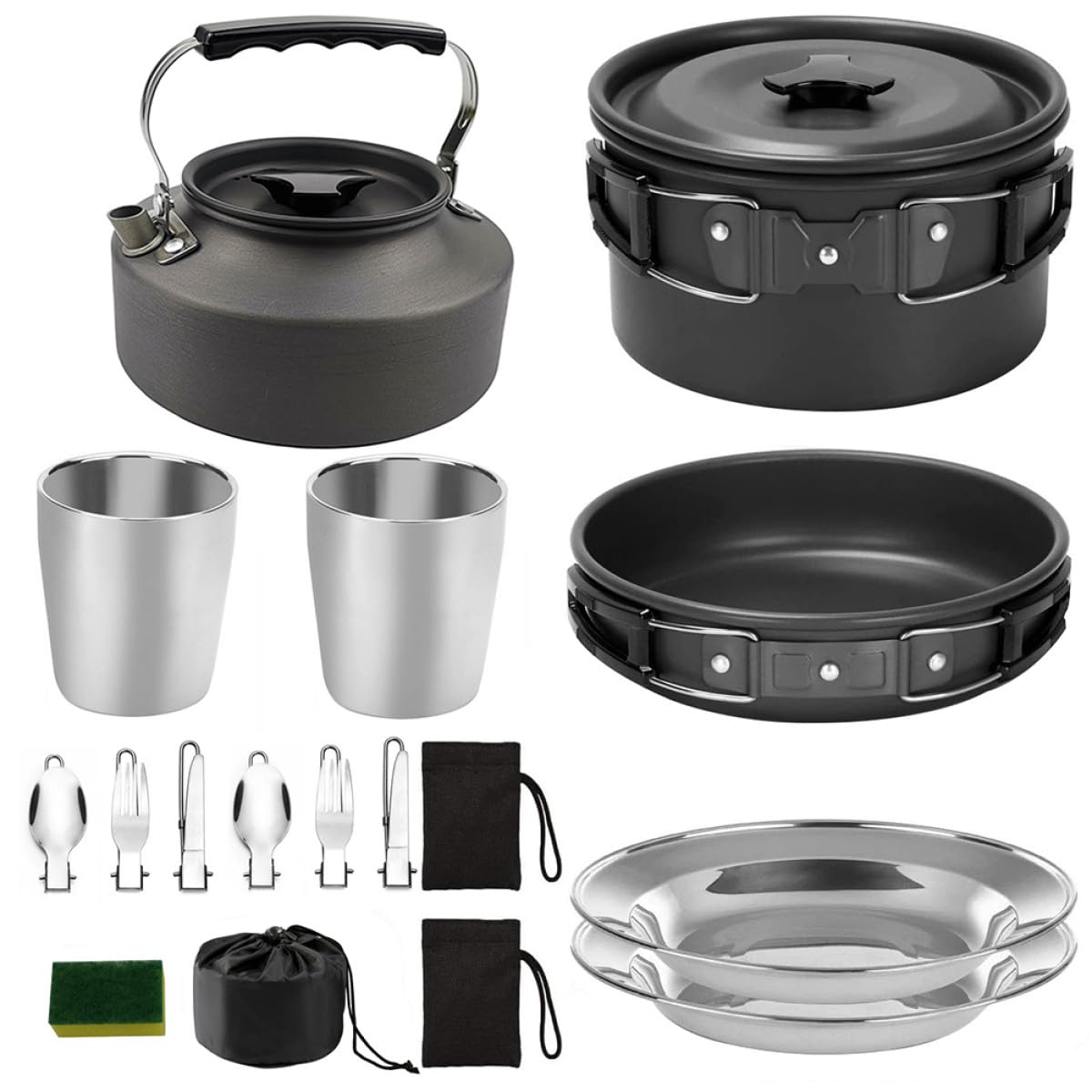GALPADA Juego de Cocina para Camping Portátil para 2-3 Personas, Utensilios Duraderos Antiadherentes Mango Plegable de Silicona, Olla y Sartén Ligeros para Senderismo, Picnic y Barbacoa