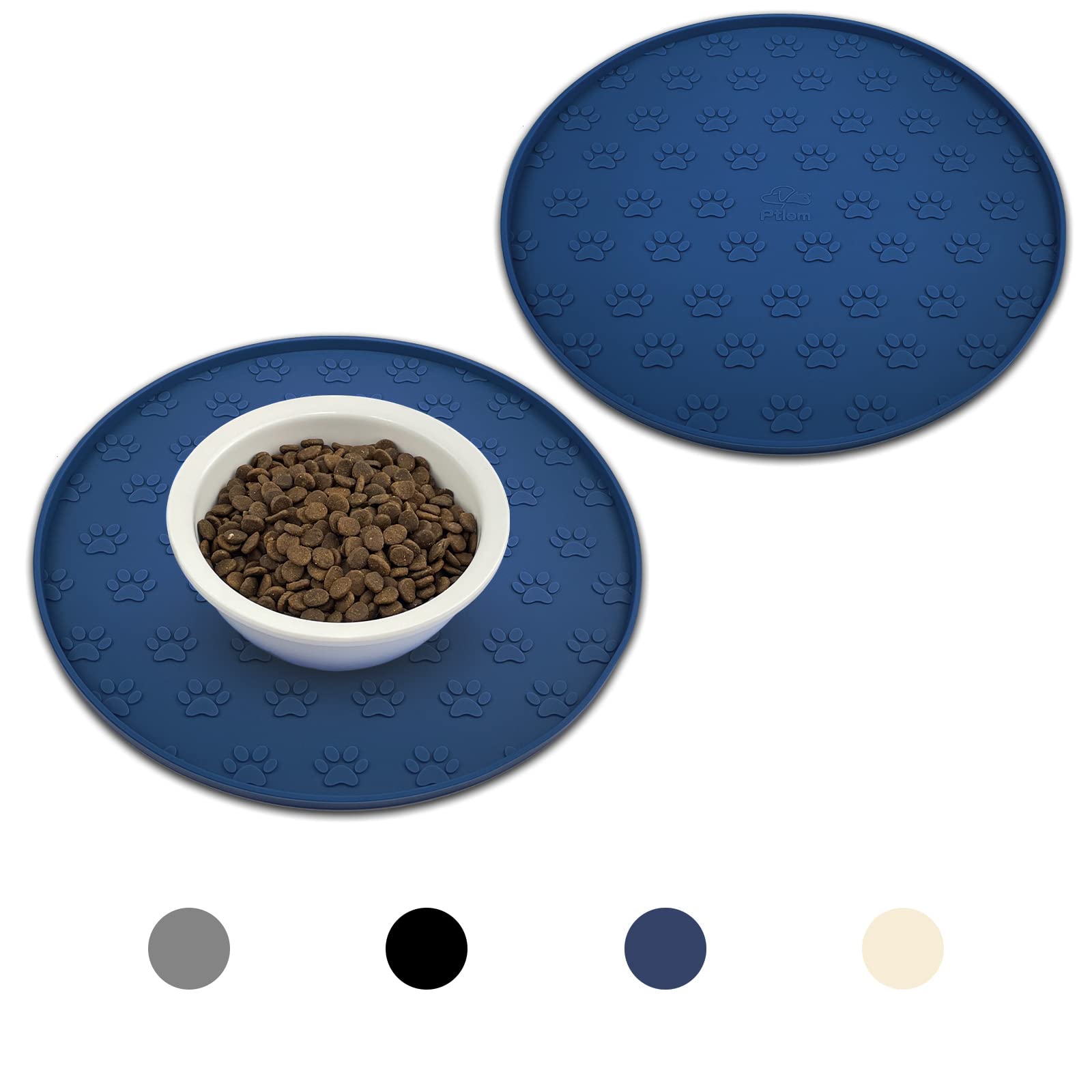 Silicone Pet Placemat for Dogs and Cats, Waterproof Non-Slip Pet Feeding Bowl Mats for Food Water, Small Medium Tray High-Lips Edge Mat Prevents Messes from Spilling to Floor, Navy Blue, 2pcs