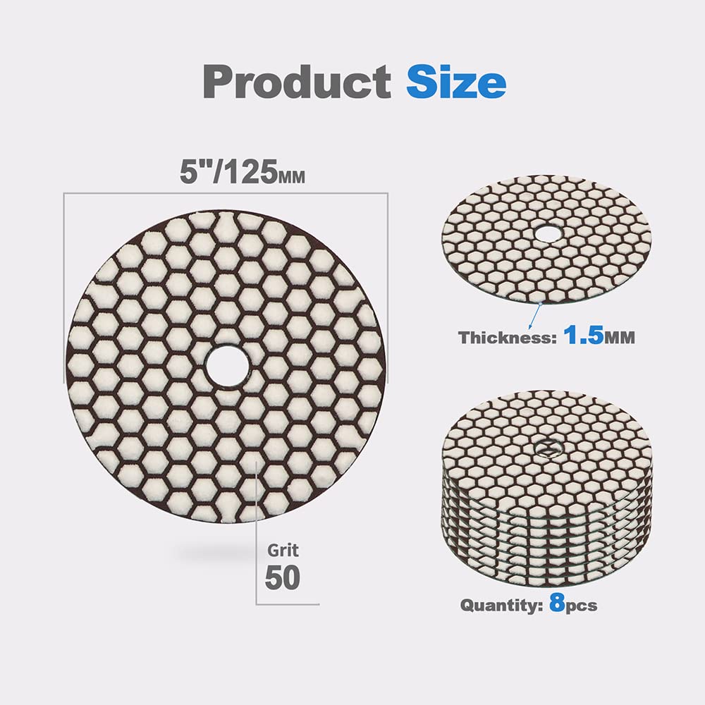 HIGHDRIL Almohadillas Pulido Diamante Seco - 8piezas #50 Almohadillas Lijado 125MM para Granito Piedra Mármol Suelo Grinder Pulir Almohadilla Kit para Taladro, Amoladora, Pulidora