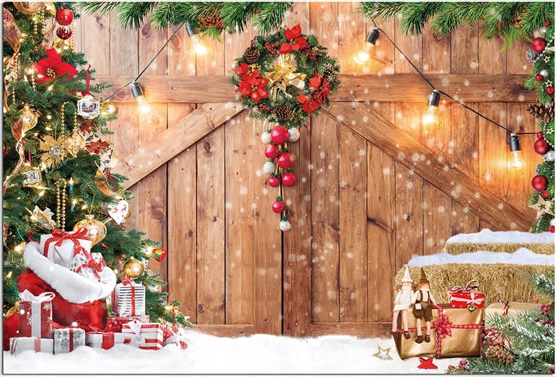 Dudaacvt 10x8FT Christmas Barn Wood Door Photography Backdrop Xmas Tree Snow Gift Wall Floor Party Photo Background for Holiday New Year Party Banner Christmas Family Holiday Backdrop