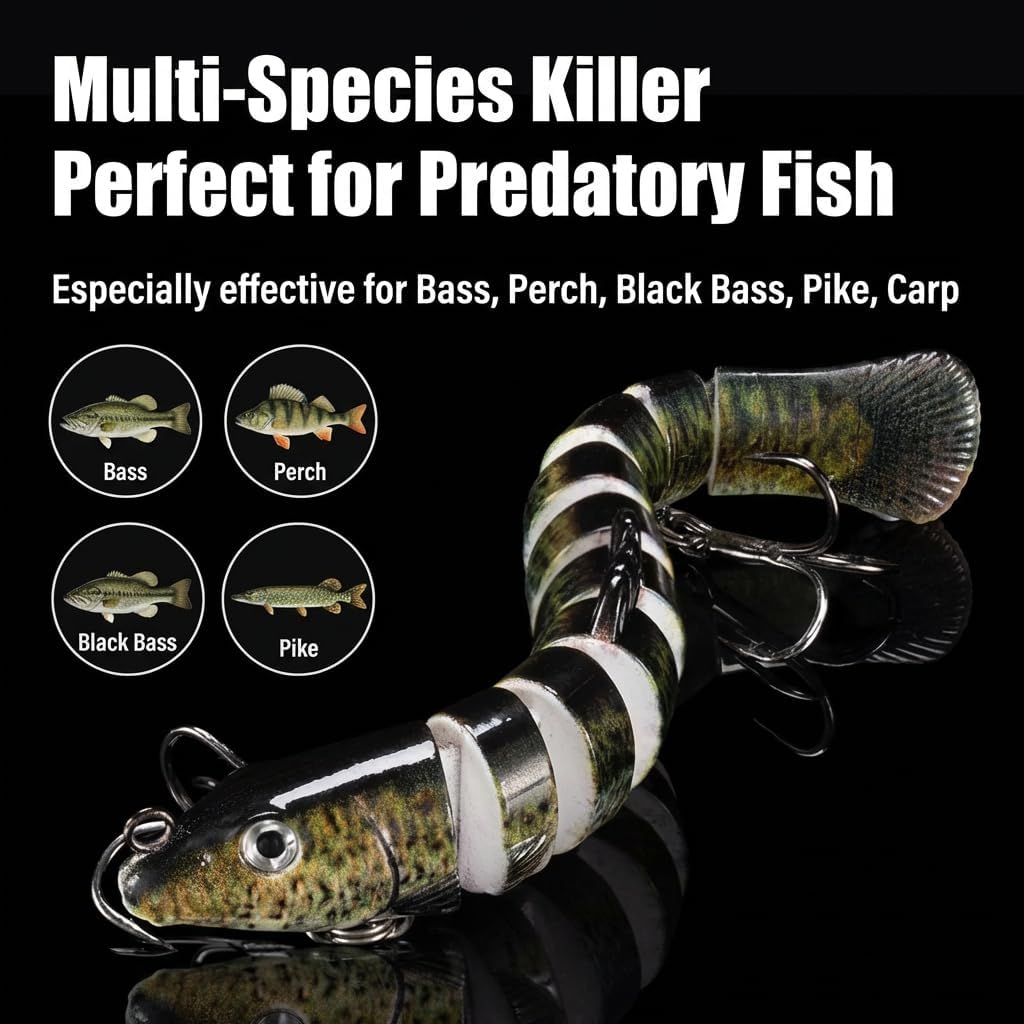 Multi-Species Killer Fishing Lures for Bass Trout Perch Pike Carp - Glow-in-the-Dark Multi Jointed Swimbaits with Bionic Texture, Water Movement Noise Attraction, Freshwater Lifelike Fishing Lures Kit