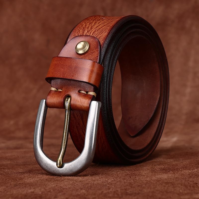 Vintage Minimalist Handmade Men's Women's Belt,Top-Grain Leather with Stainless Steel Pin Buckle for Trendy Casual Strap(125cm/49, Brown)4