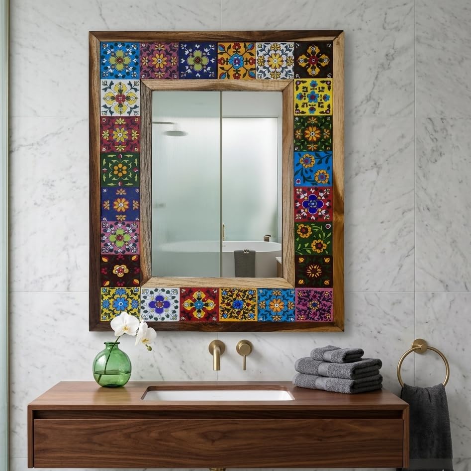 Multicolour Ceramic Tile Mirror with Wooden Frame Handcrafted Decorative Wall Mirror for Living Room, Bedroom & Entryway Rajasthani Boho Art Mosaic Mirror Home Décor Gift - 63x48.5x1 CM-image-22