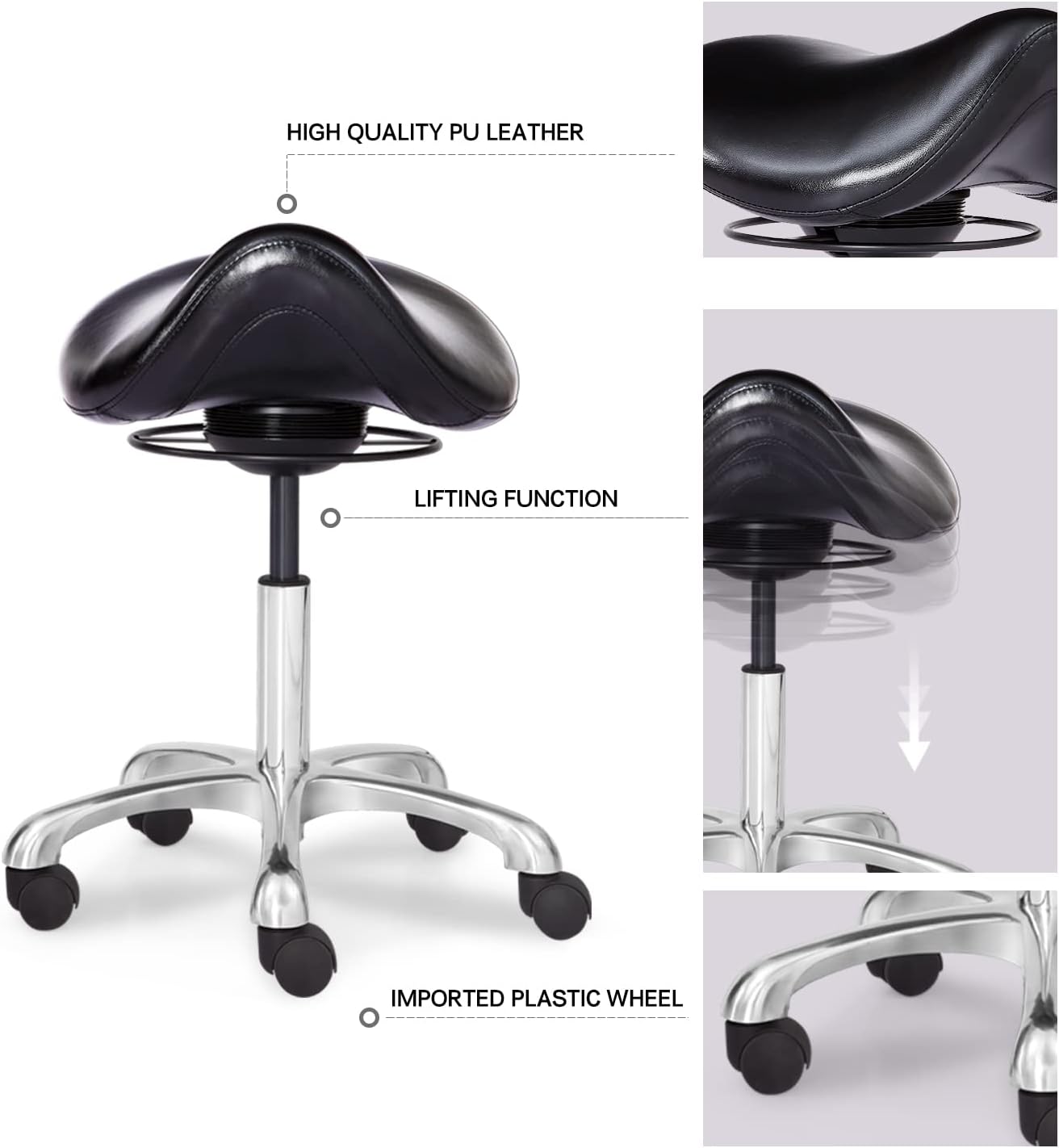Saddle Stool Swivel Height Adjustable with Wheels Wobble Rolling Stool for Medical Massage Salon Kitchen Spa Drafting Lab Clinic Dentist, Ergonomic Hydraulic Seat Chair Office Stool
