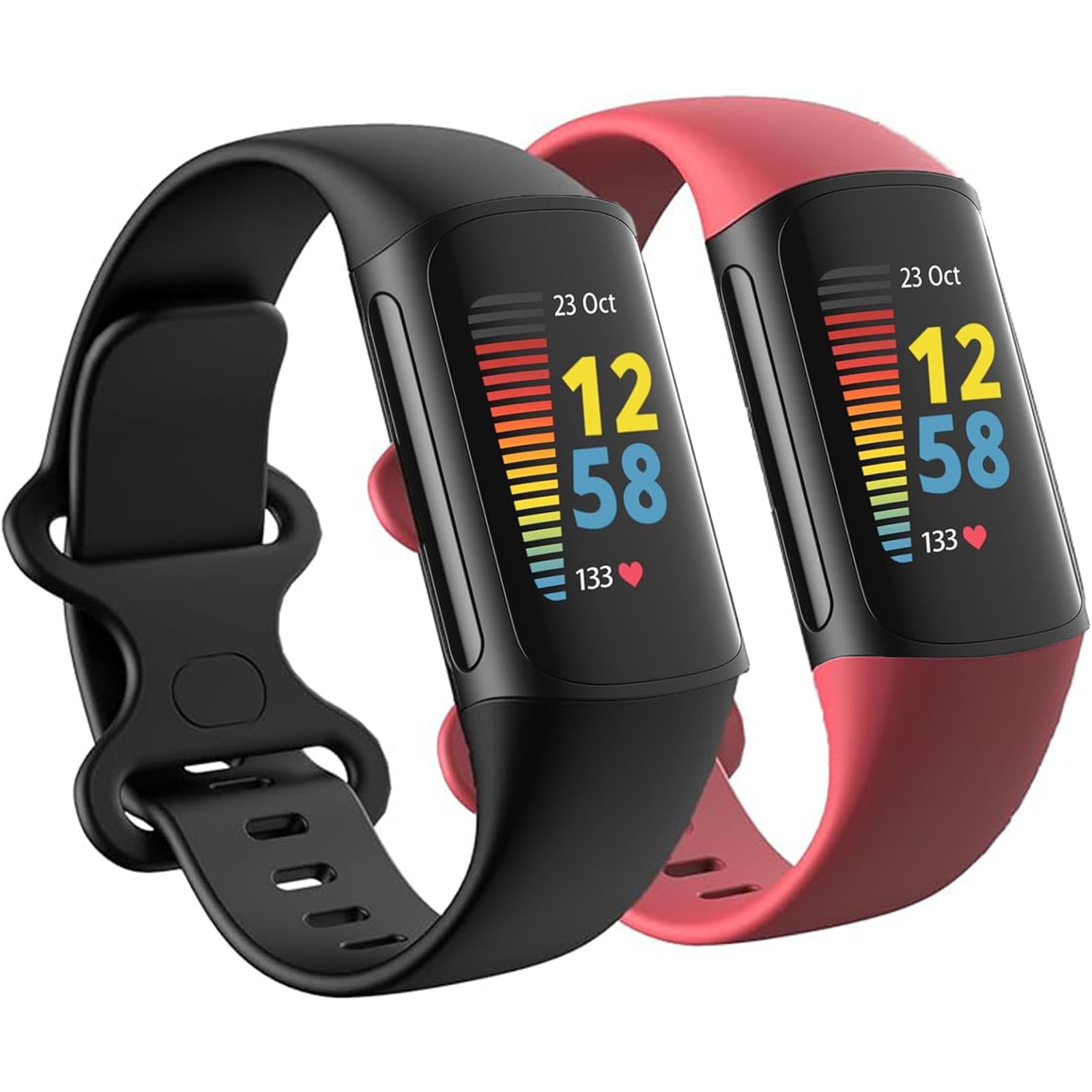Newremote 2 Pack Waterproof Straps fit for Fitbit Charge 5 / Fitbit Charge 6 Straps for Women Men, Classic Soft Sports Replacement Strap for Women Men (Black/Red, Small 5.5''-7.8'')