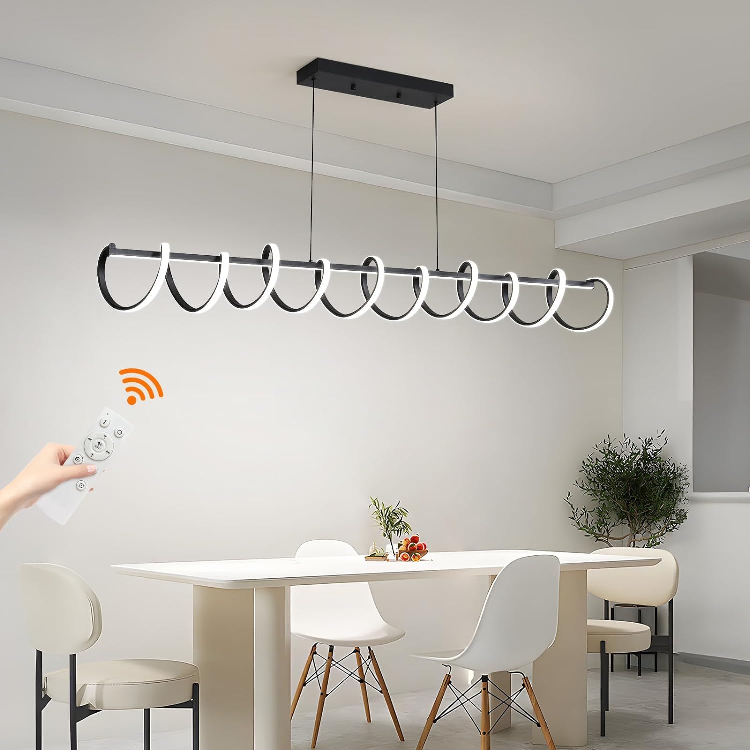 Modern Design Dimmable Desk Linear Pendant Light, with Remote Control Dimmable 3 Color Mode & Brightness Ceiling Lamp, Anti-Flicker Dining Light Fixture for Kitchen(Black,59IN